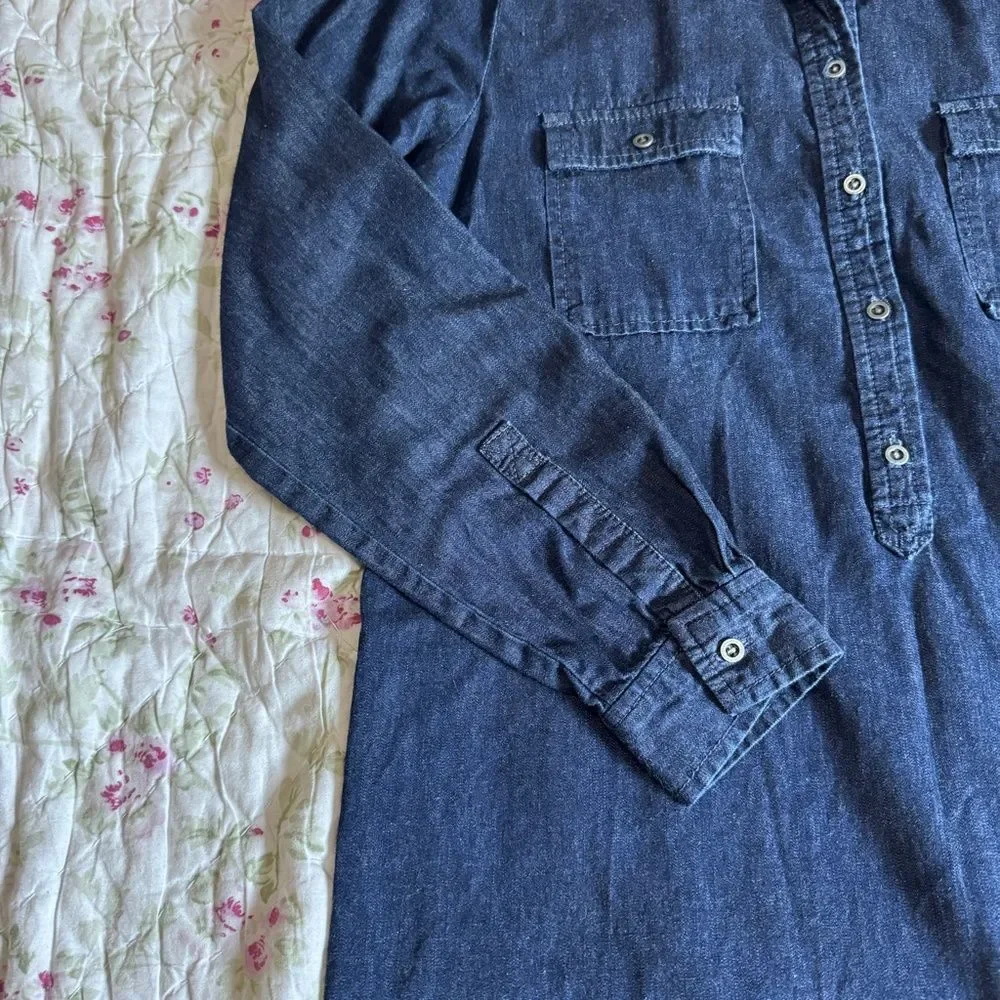 LOFT Size Small Petite Collared, button placket, long sleeve, denim Midi dress